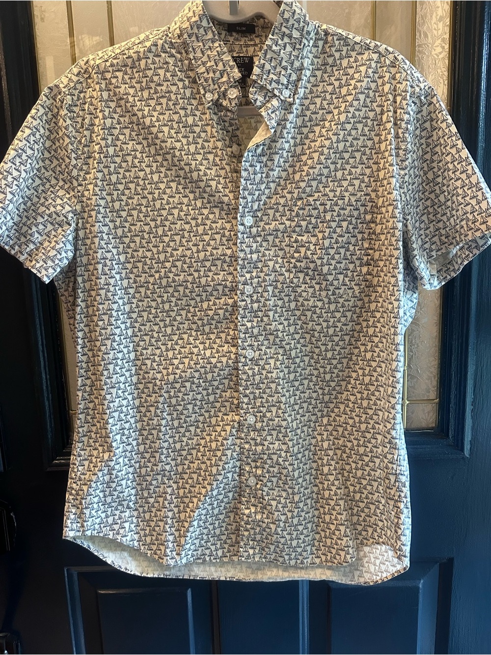 J. Crew Slim Flex Washed White Short-Sleeve Button-Down with Navy Sailboat Print
